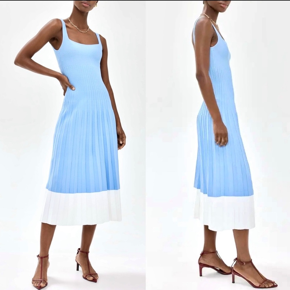 🌺🎉HP🎉🌺 NWT Staud Ellison Pleated Midi Dress Blue White 🌟Rare🌟 - Picture 4 of 15